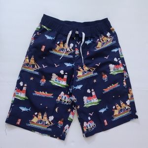 NWT Hanna Andersson Boys Navy Swim Trunks Ocean Shark Lighthouse 140 Size 10